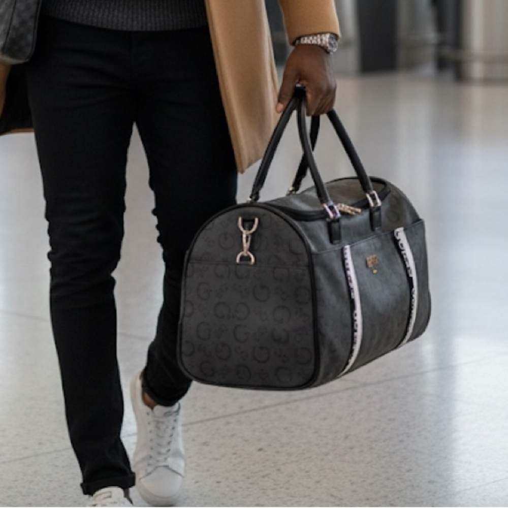 GUESS Logo Debossed Rolling Black Duffel Weekender Travel Bag - Picture 2 of 16